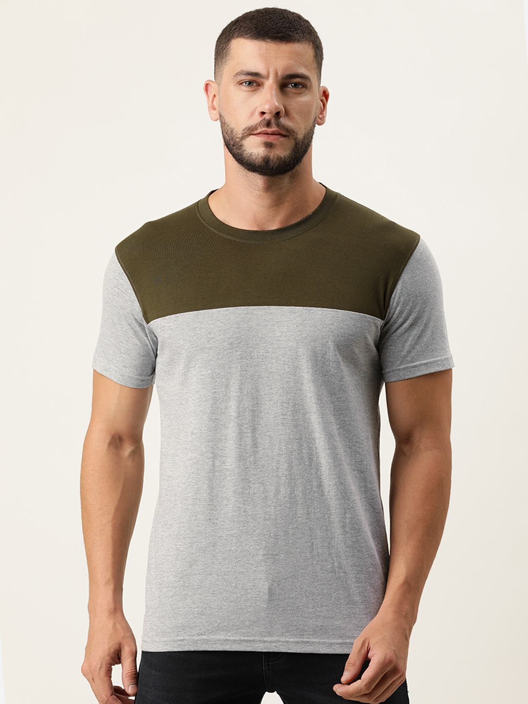 

ARISE Men Grey Melange & Olive Green Colourblocked Bio Finish Cotton T-shirt