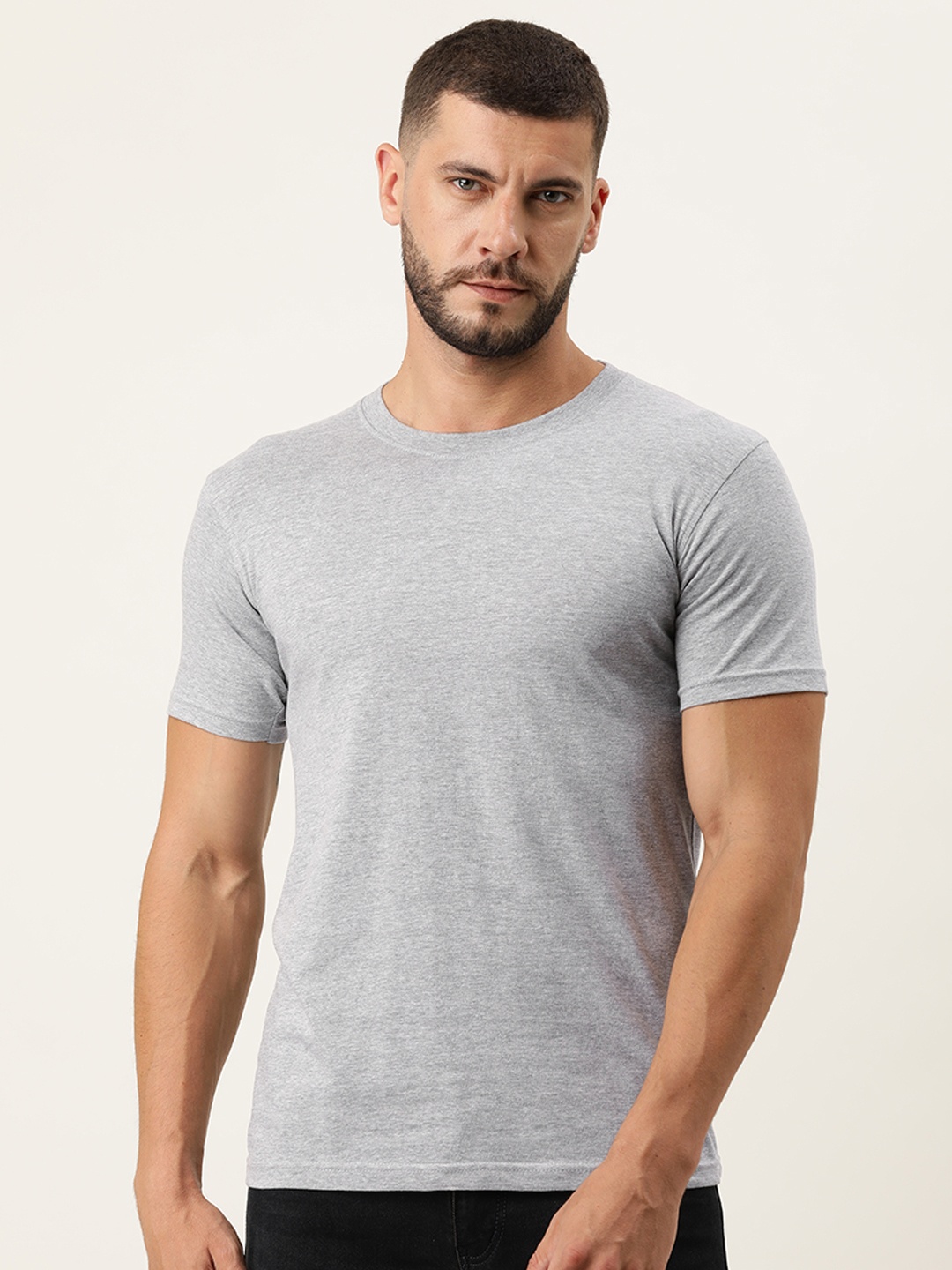 

ARISE Men Grey Melange Solid Pure Cotton T-shirt