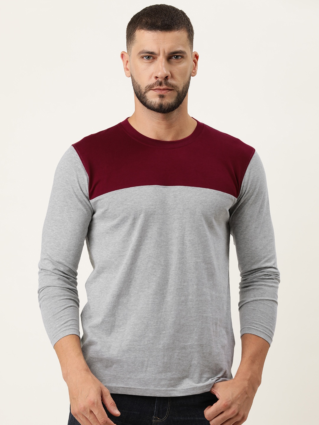 

ARISE Men Grey Melange & Maroon Colourblocked Bio Finish Cotton T-shirt