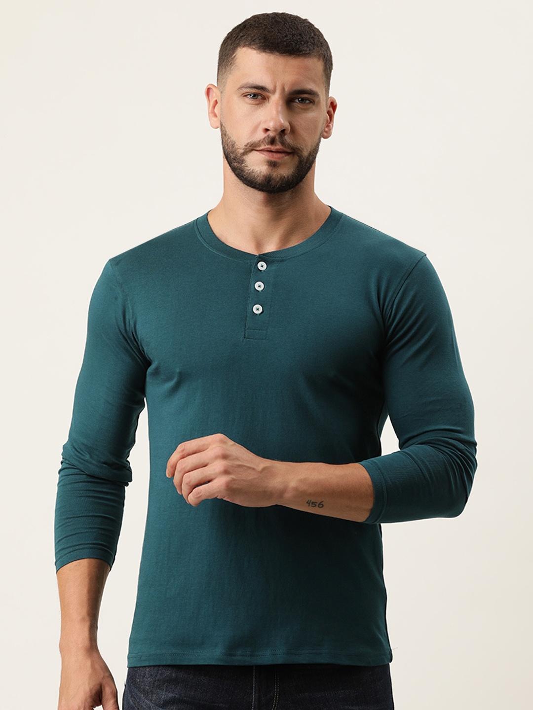 

ARISE Men Teal Green Henley Neck Bio Finish Cotton T-shirt