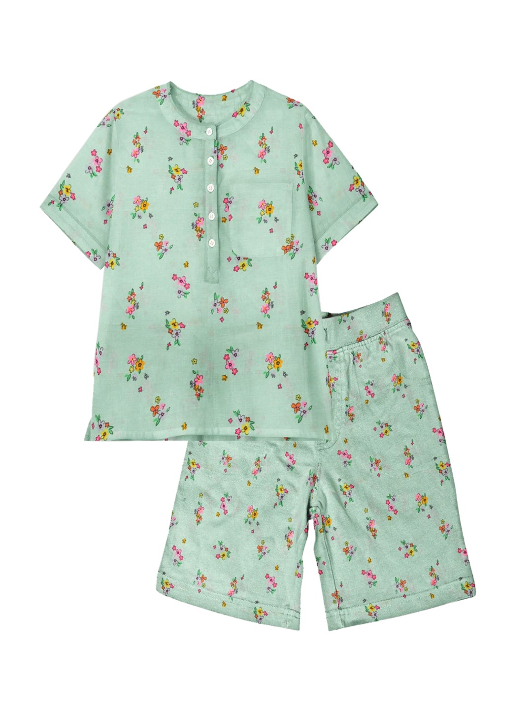 

THE BABY ATELIER Girls Green & Red Printed Organic Cotton Night suit