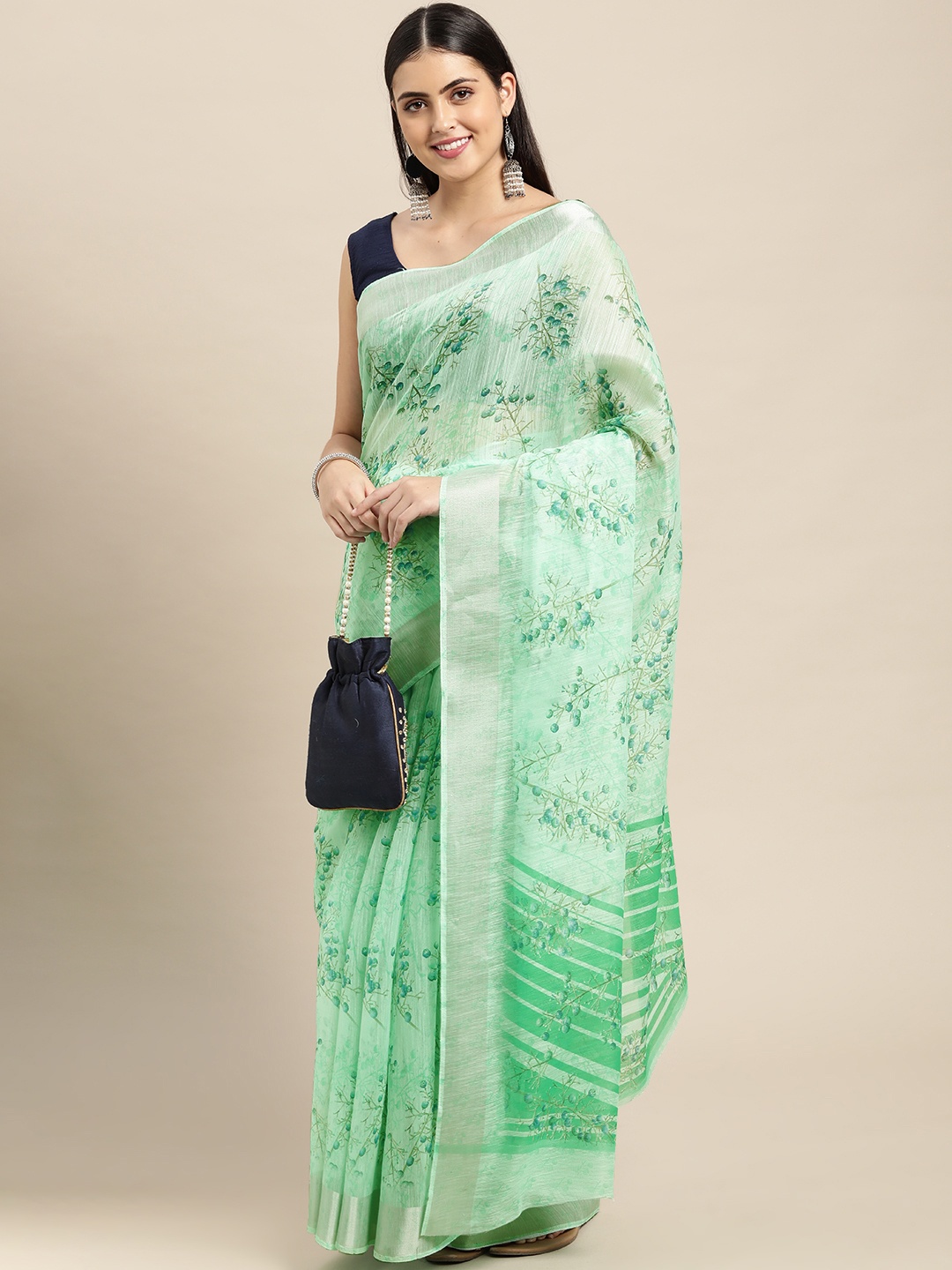 

KALINI Mint Green Floral Zari Saree