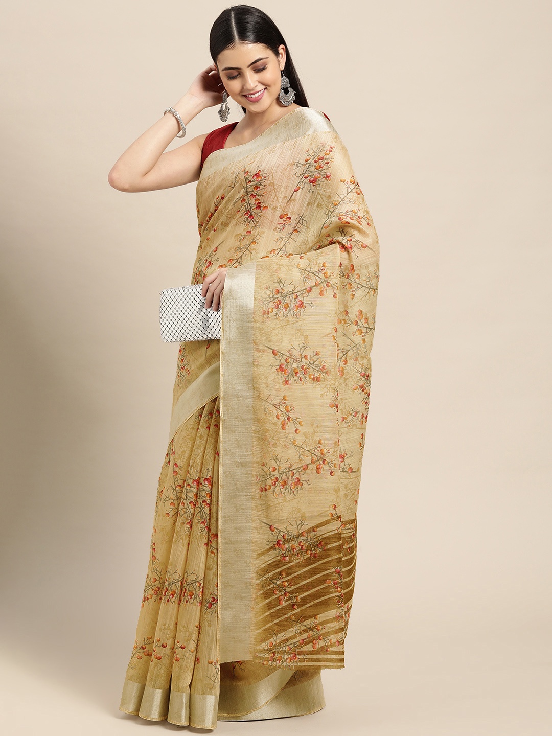 

KALINI Beige & Pink Floral Zari Saree