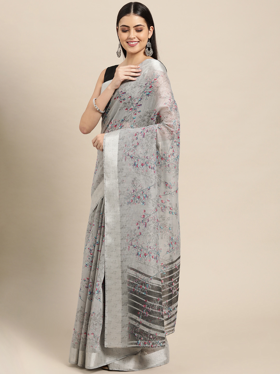

KALINI Grey Floral Zari Saree