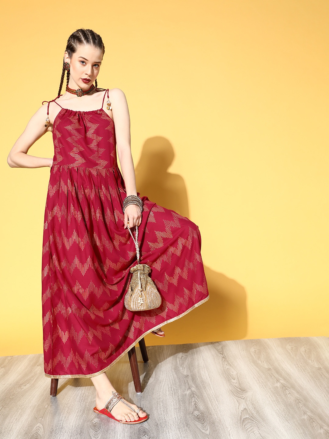 

mokshi Maroon & Beige Ethnic Printed Maxi Dress