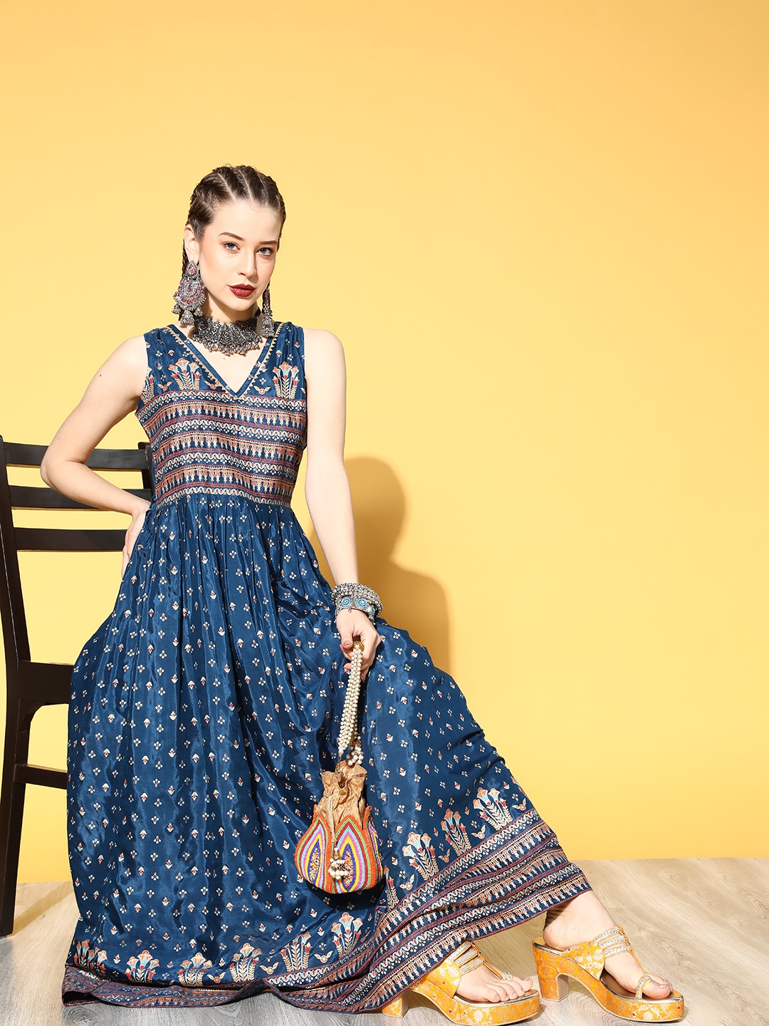 

mokshi Teal Blue & Beige Ethnic Motifs Ethnic Maxi Dress