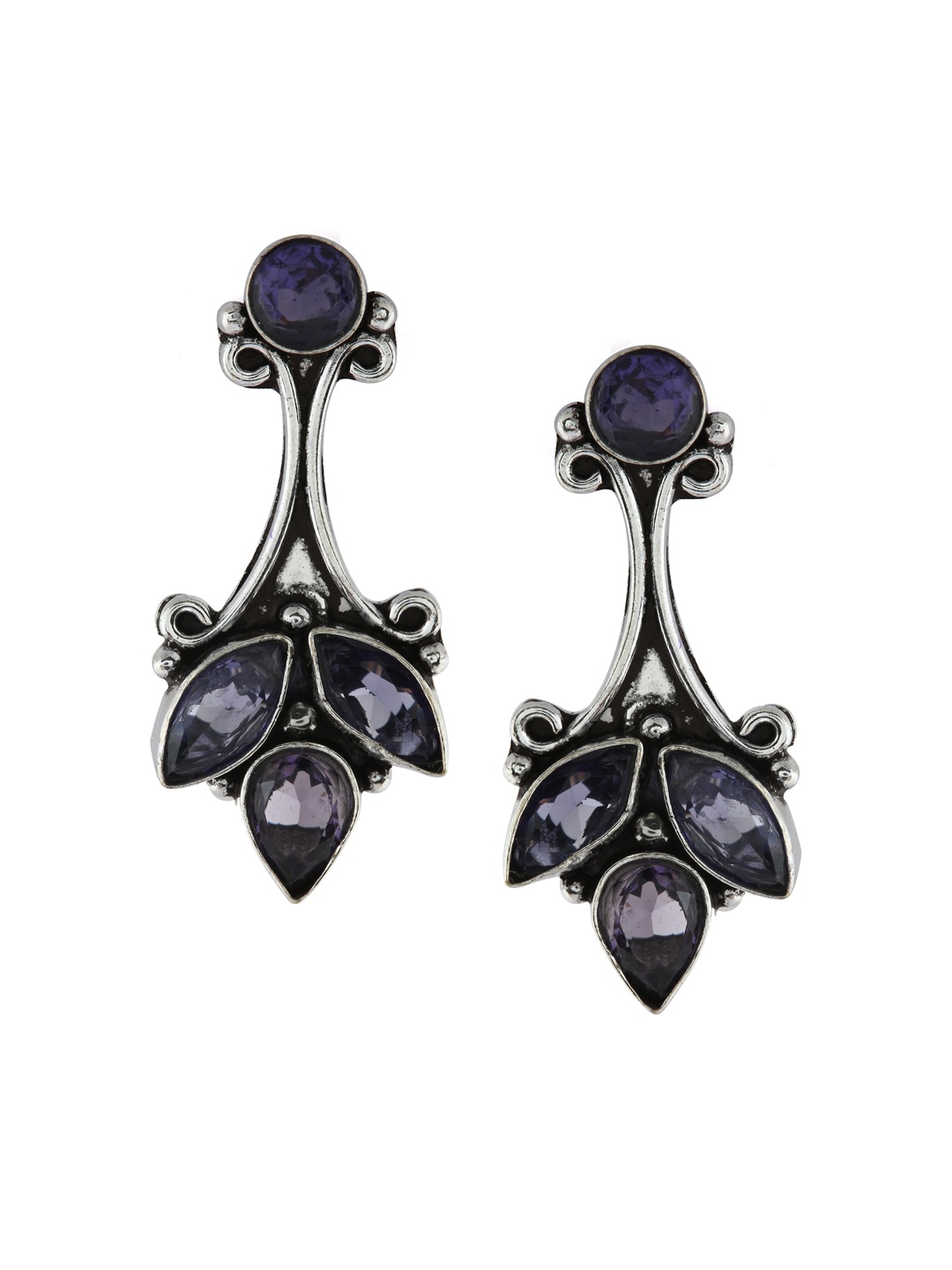 

EL REGALO Silver-Plated Black Oxidised Floral Drop Earrings