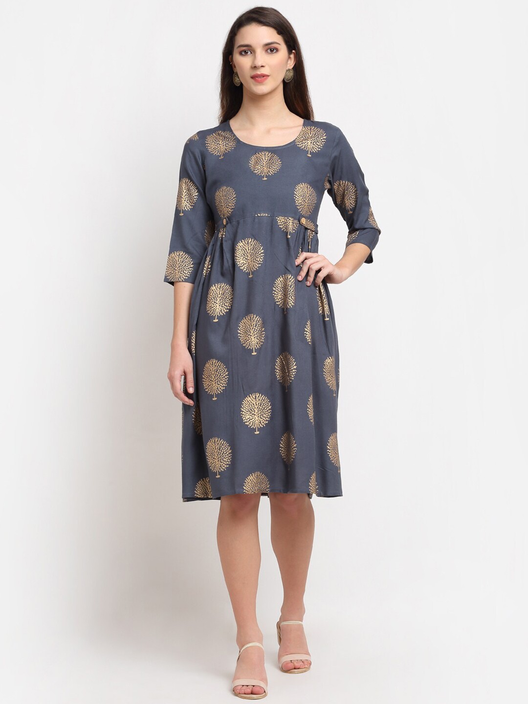 

Rudra Bazaar Grey & Gold-Toned Ethnic Motifs Dress