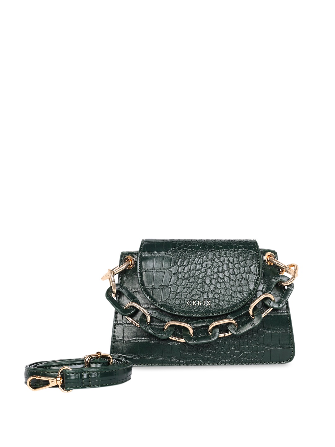 

CERIZ Green Croc Textured Sling Bag