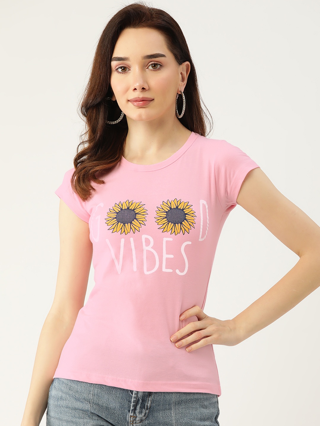 

BROOWL Women Pink & White Pure Cotton Typography Print Lounge T-shirt