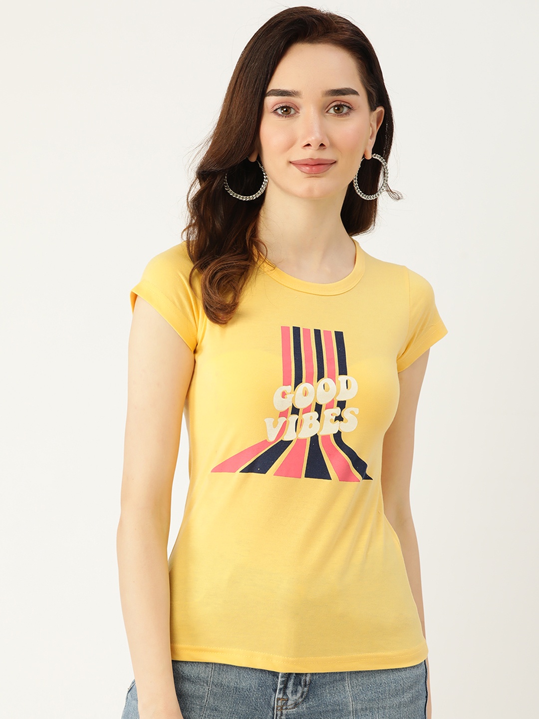 

BROOWL Women Yellow & Navy Blue Pure Cotton Typography Print T-shirt