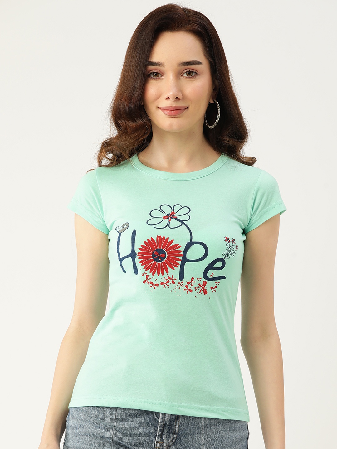 

BROOWL Women Green & Navy Blue Pure Cotton Typography Print Lounge T-shirt