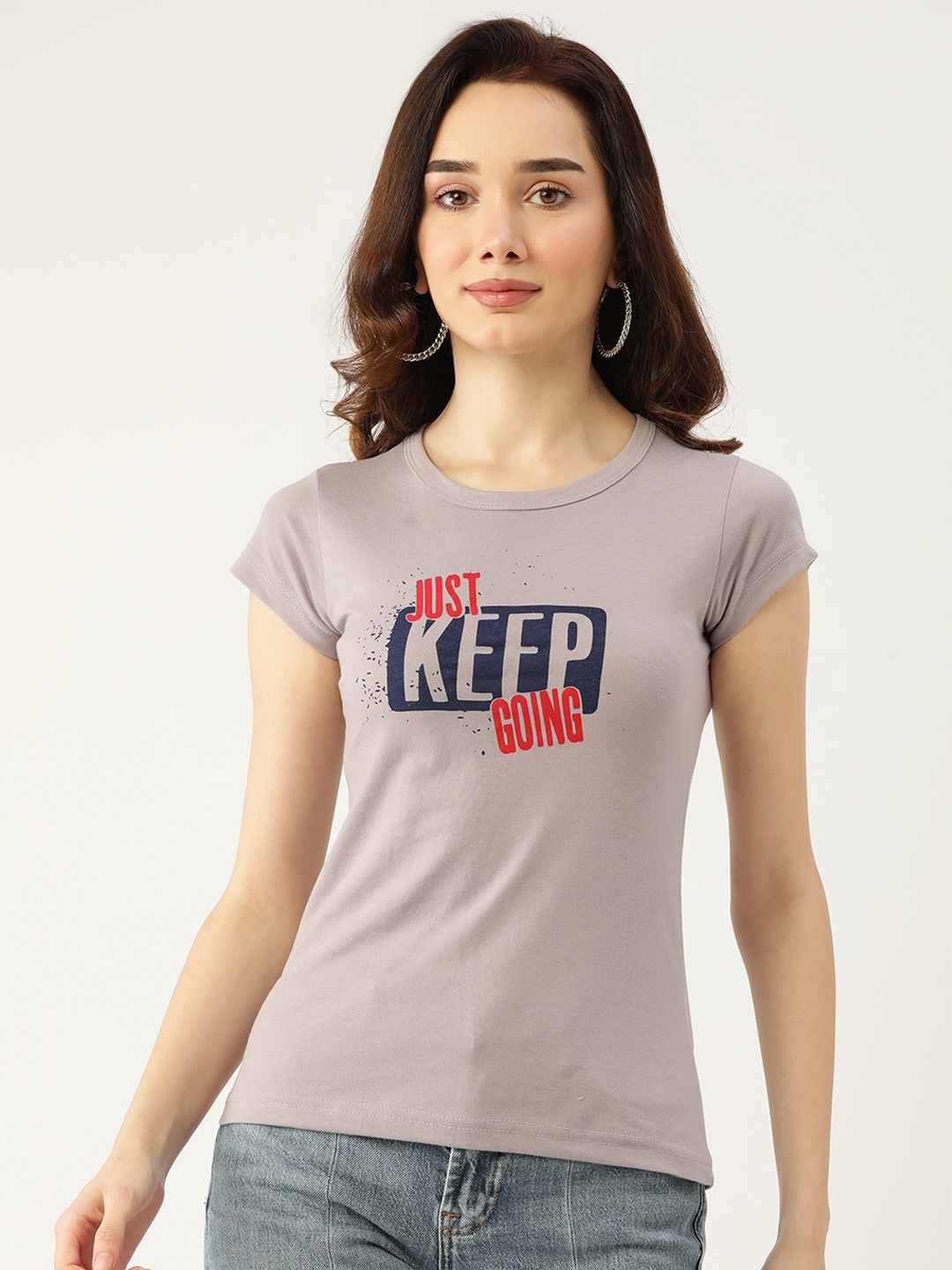 

BROOWL Women Grey & Navy Blue Pure Cotton Typography Print Lounge T-shirt