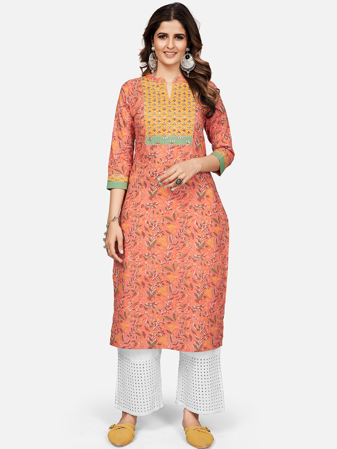 

Vbuyz Women Orange & Mustard Yellow Pure Cotton Floral Print Keyhole Neck Kurta