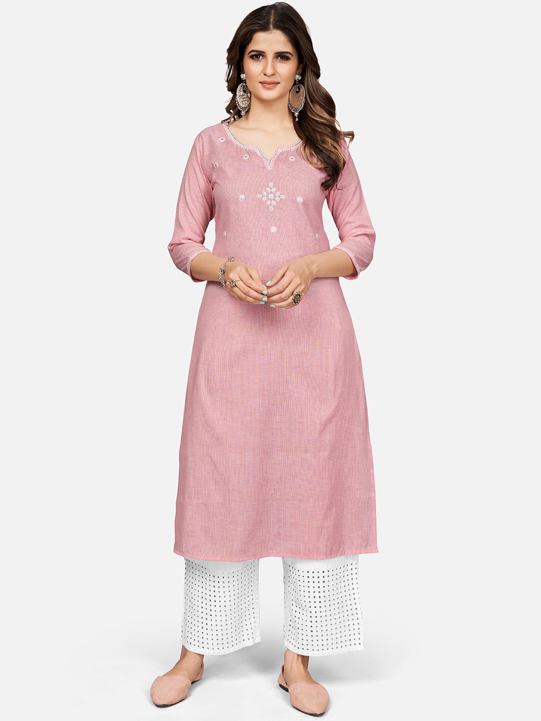 

Vbuyz Women Pink & White Woven Design A-Line Kurta