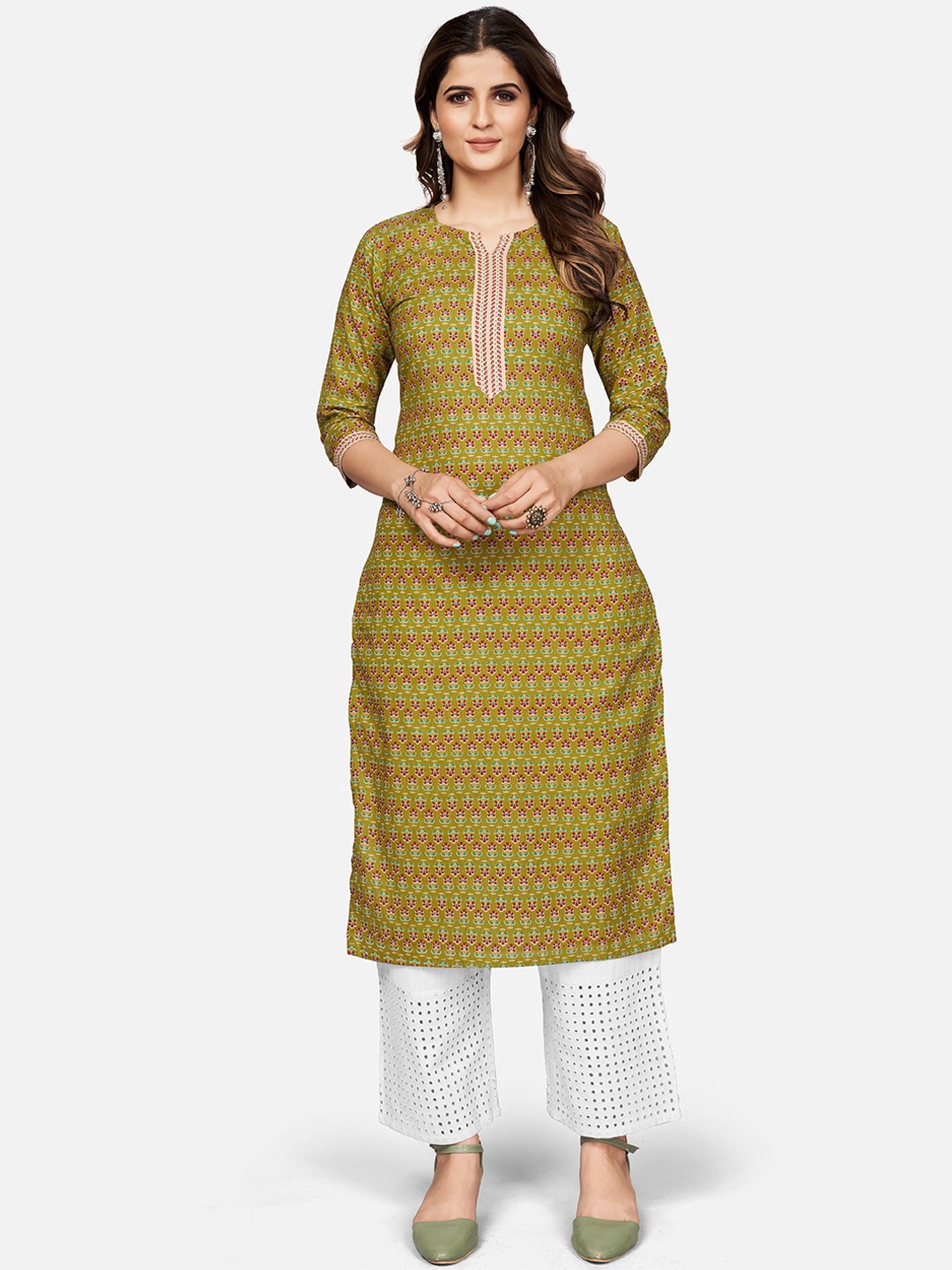 

Vbuyz Women Olive Green & Maroon Ethnic Motifs Printed Cotton Straight Kurta
