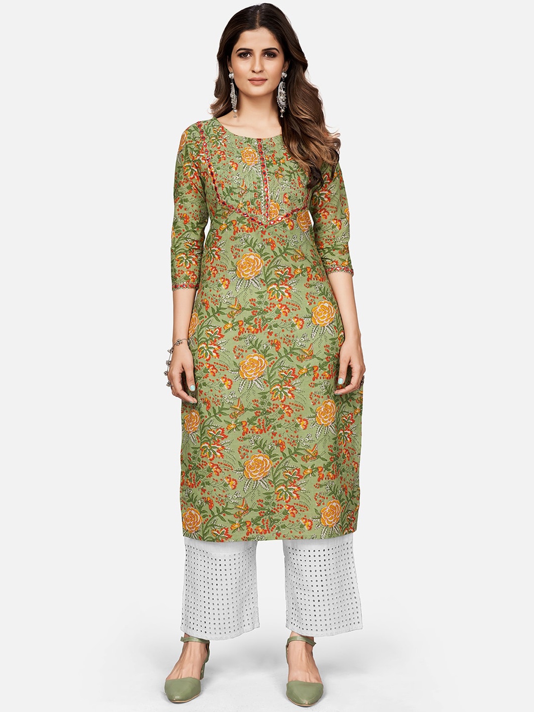 

Vbuyz Women Green Floral Printed Keyhole Neck Kurta