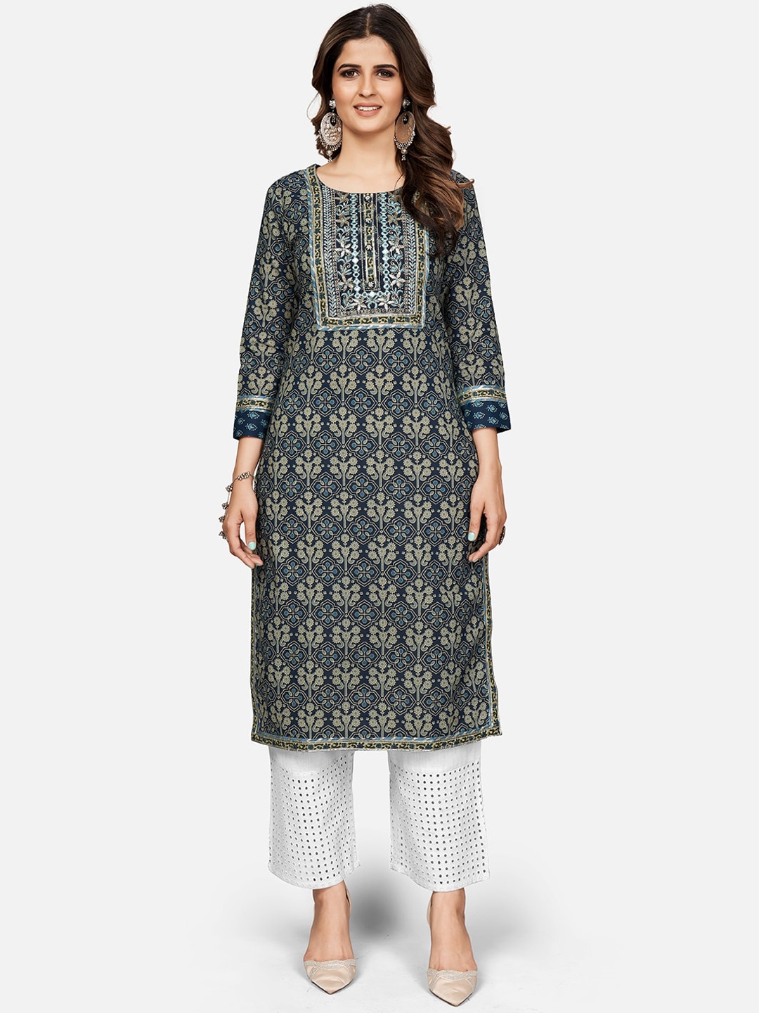 

Vbuyz Women Navy Blue & Grey Pure Cotton Floral Printed Kurta