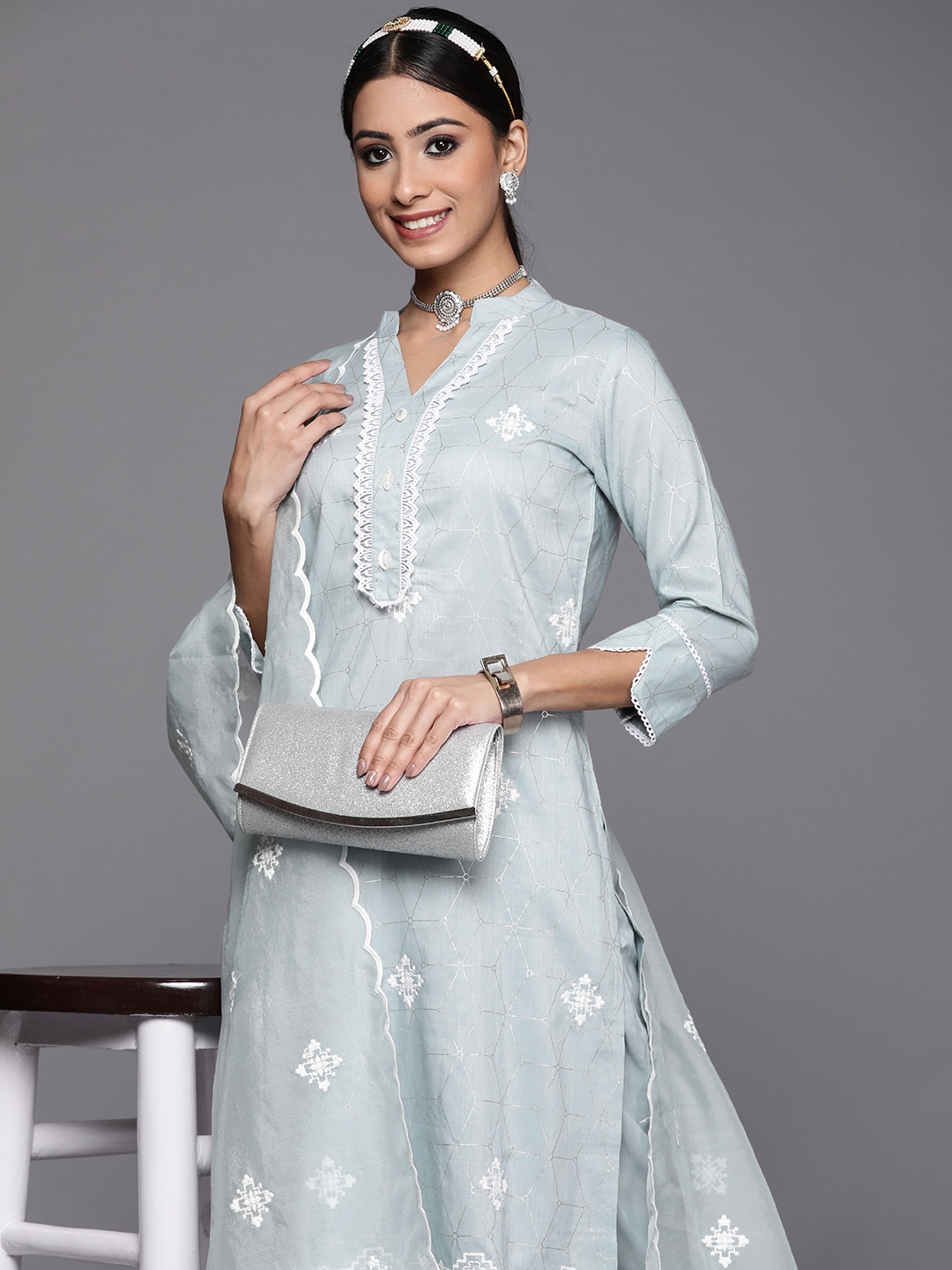 

Indo Era Women Grey & White Ethnic Motifs Embroidered Kurta with Trousers & Dupatta