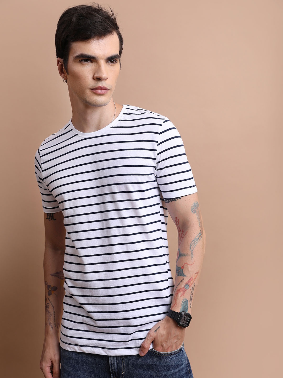 

HIGHLANDER Men Striped Slim Fit Round Neck Pure Cotton T-shirt, Navy blue