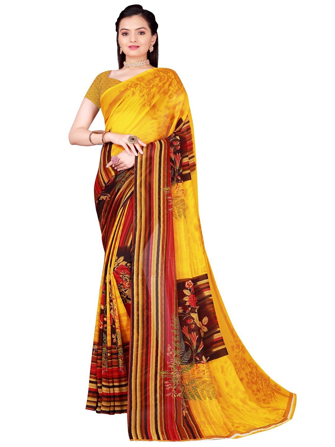 

Florence Yellow & Red Floral Pure Georgette Saree