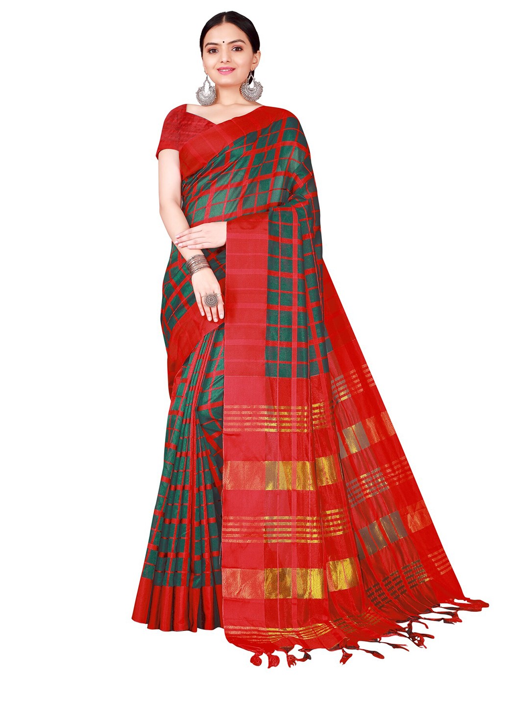

Florence Red & Olive Green Checked Saree