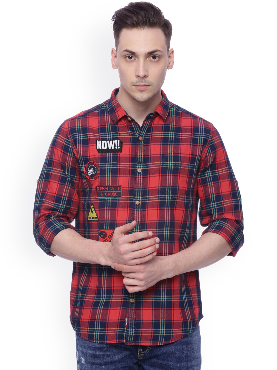 

LOCOMOTIVE Men Red & Blue Checked Slim Fit Casual Shirt