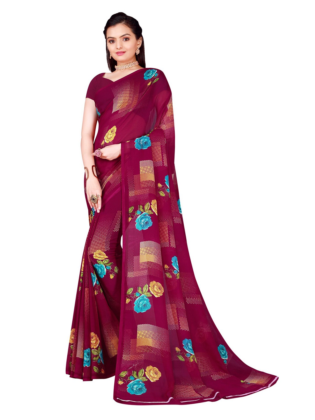 

Florence Purple & Blue Floral Georgette Saree