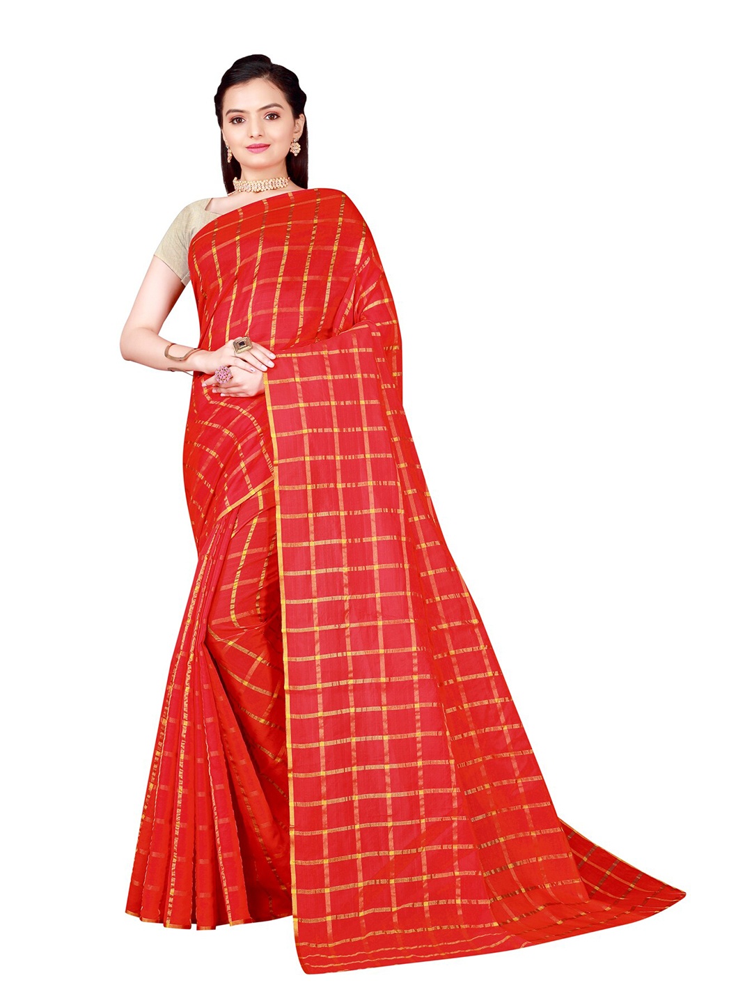 

Florence Red & Gold-Coloured Checked Saree