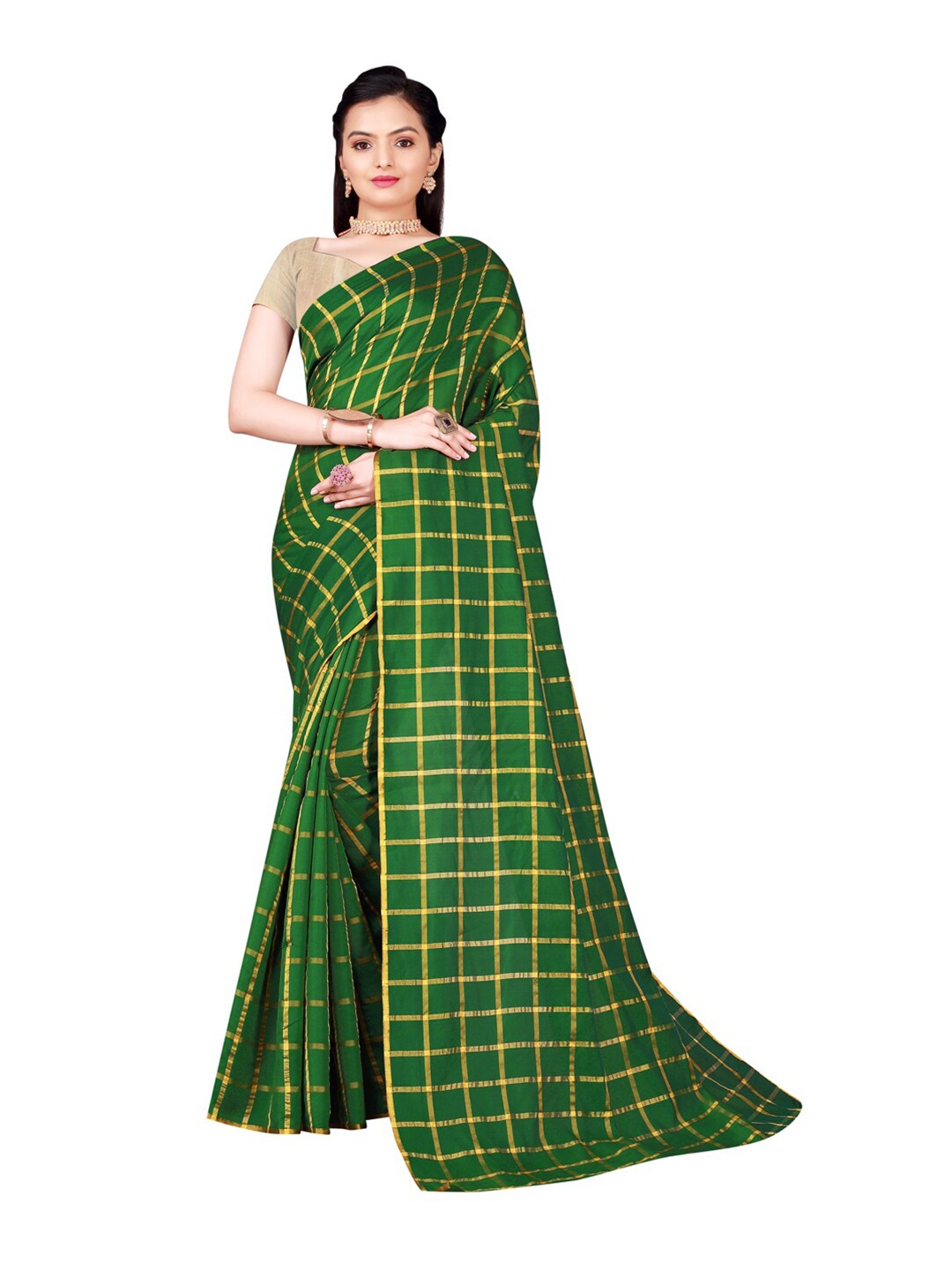 

Florence Green & Gold-Toned Cotton Silk Checked Saree
