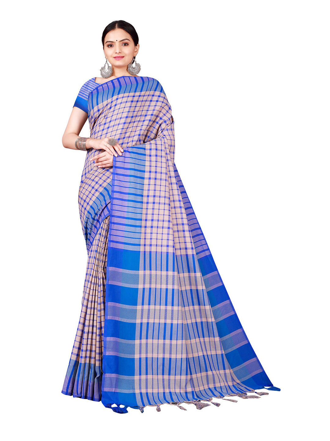 

Florence Women Blue Checked Print Cotton Silk Saree