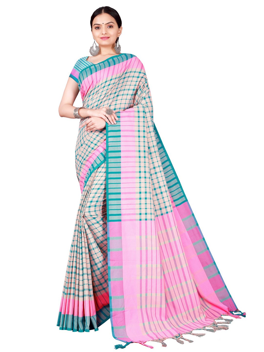 

Florence Pink & Beige Checked Cotton Silk Saree