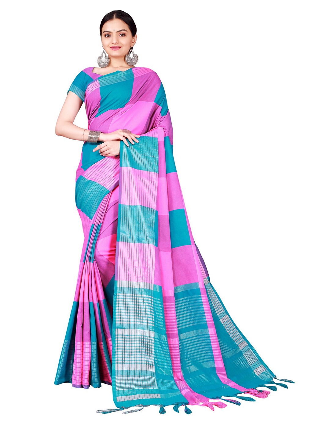 

Florence Teal & Pink Checked Cotton Saree
