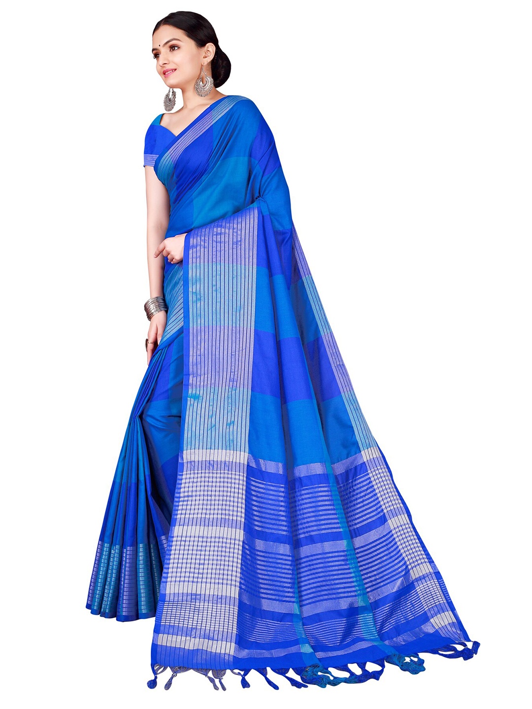 

Florence Blue & Silver-Toned Checked Zari Saree