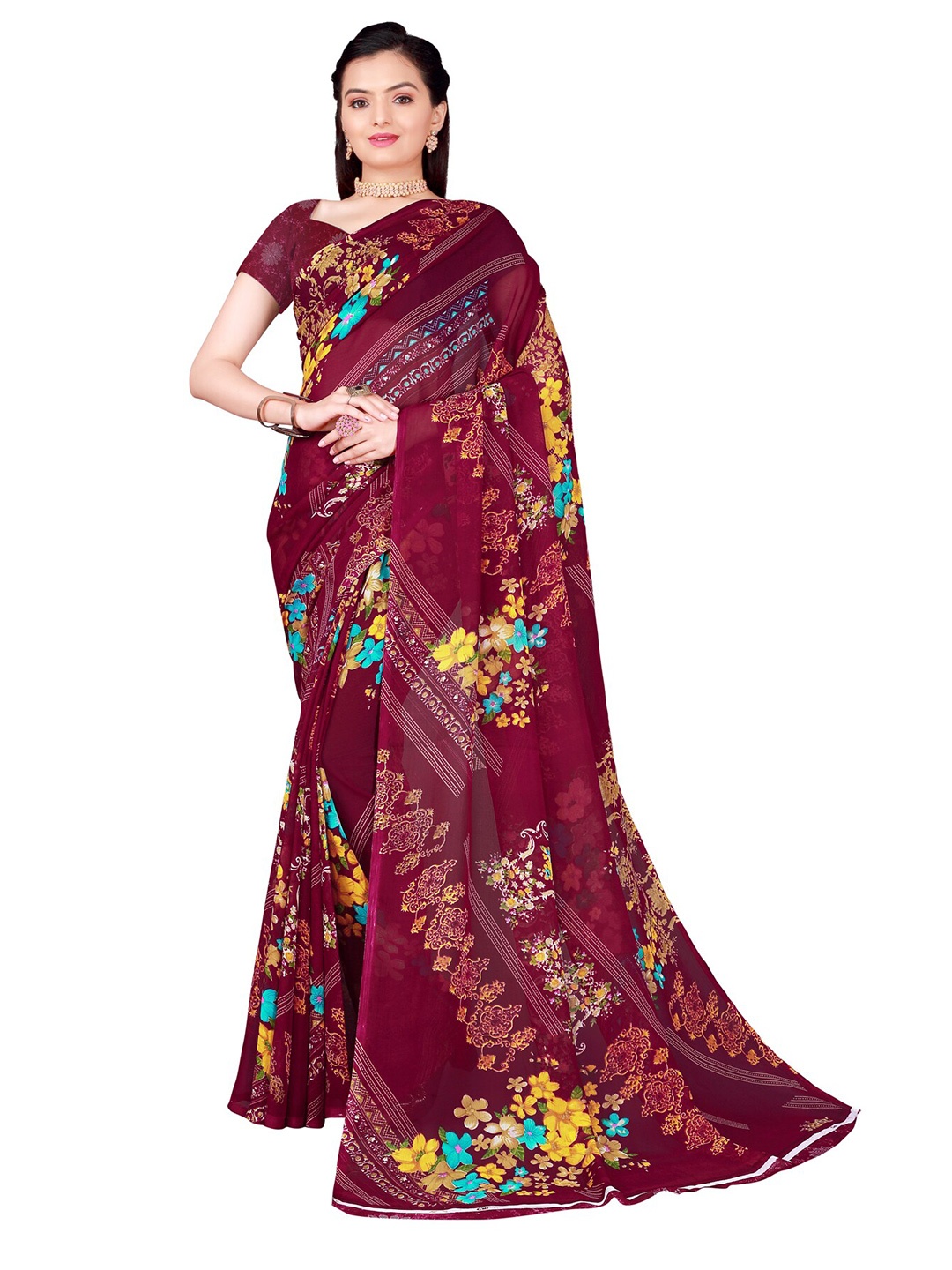 

Florence Maroon Floral Pure Georgette Saree