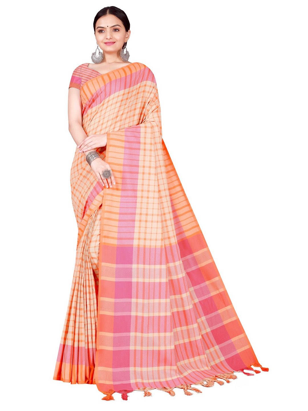 

Florence Orange & Pink Checked Cotton Saree