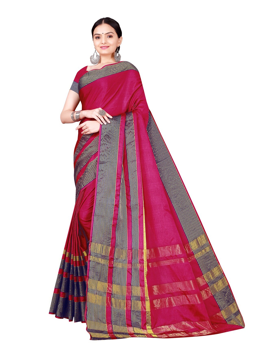 

Florence Fuchsia Pink & Golden Striped Cotton Silk Saree