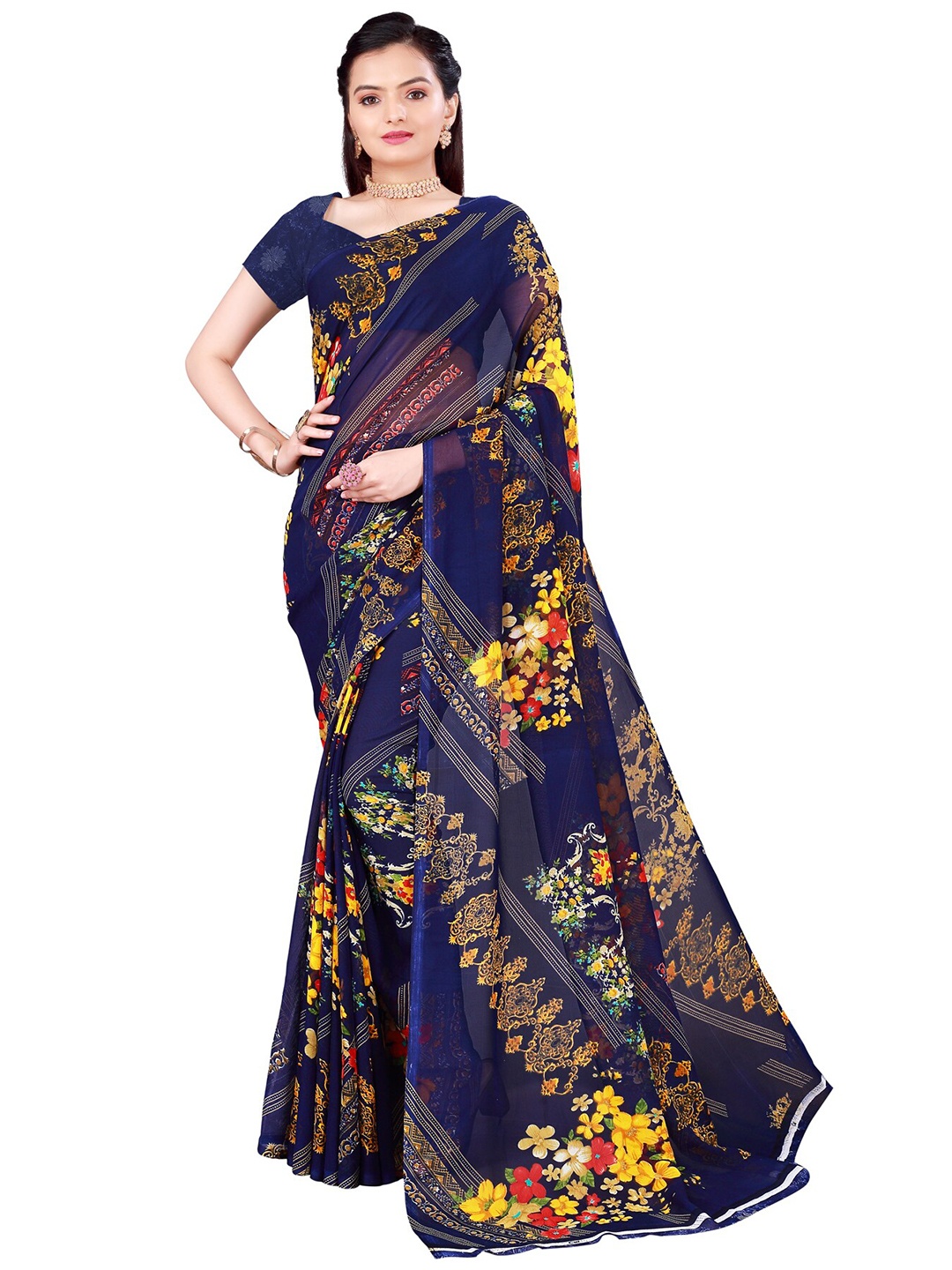 

Florence Navy Blue & Yellow Floral Pure Georgette Saree