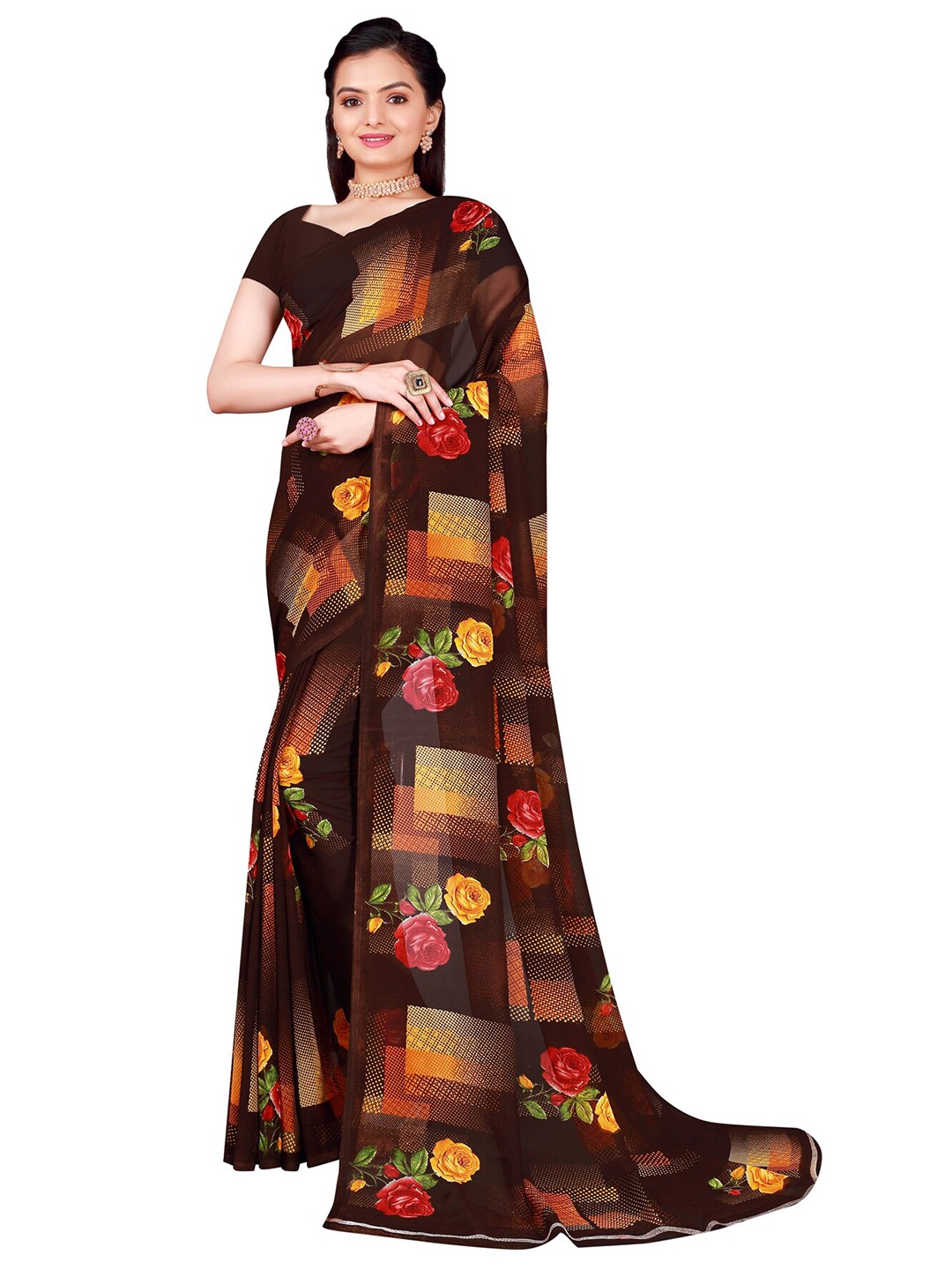 

Florence Brown & Yellow Floral Pure Georgette Saree