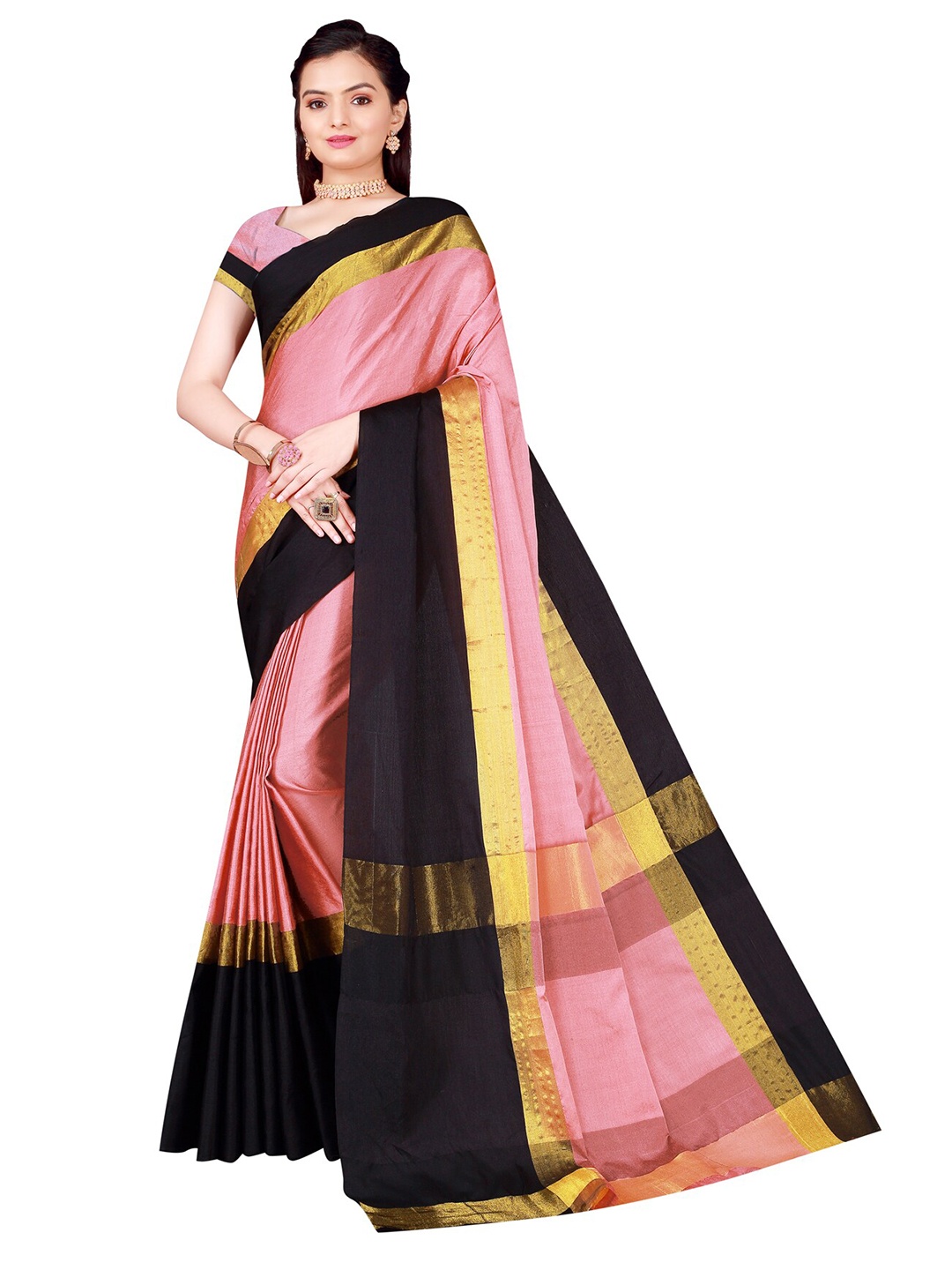 

Florence Peach-Coloured & Black Solid Cotton Silk Saree