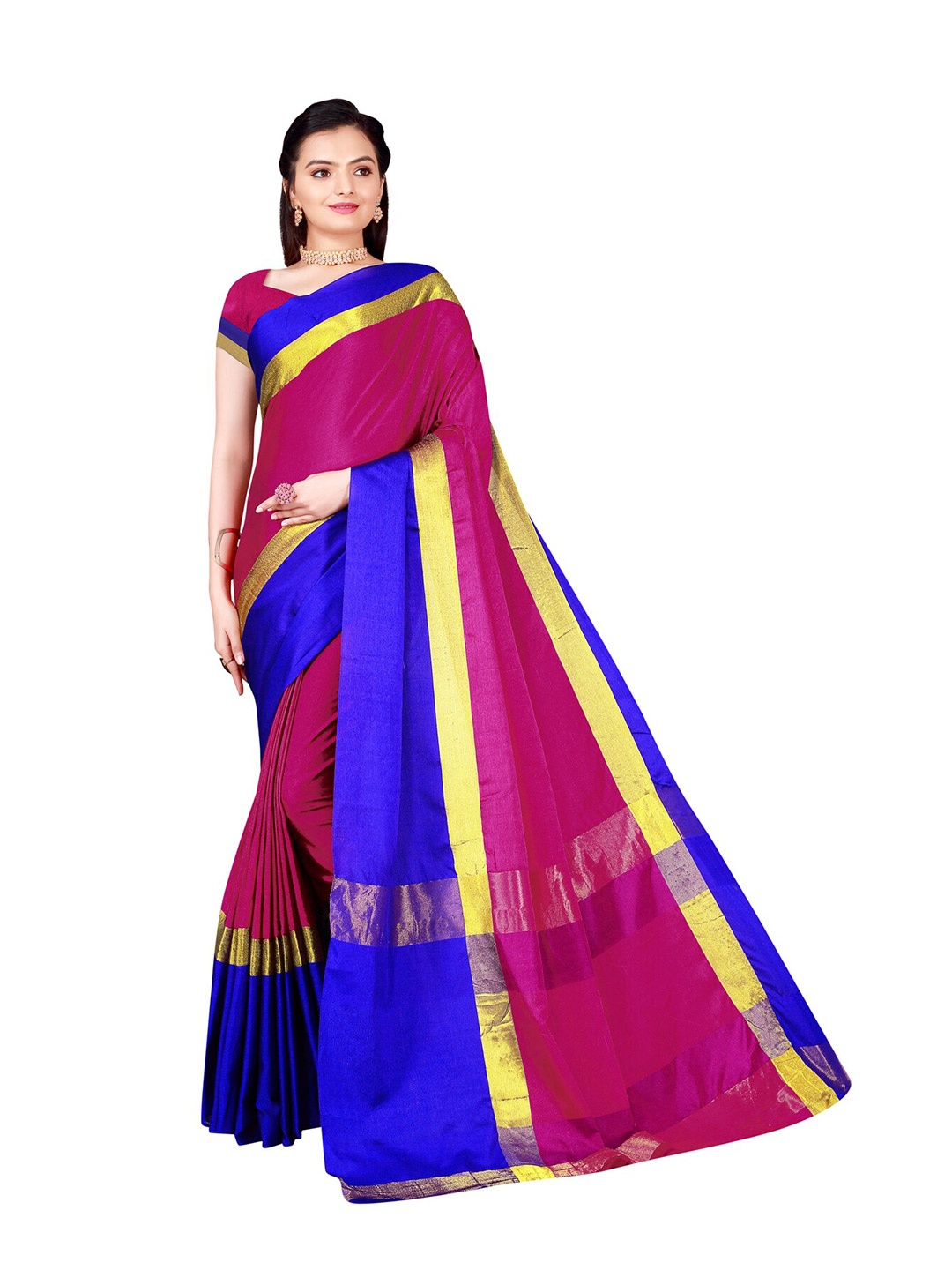 

Florence Pink & Blue Colourblocked Cotton Silk Zari Saree