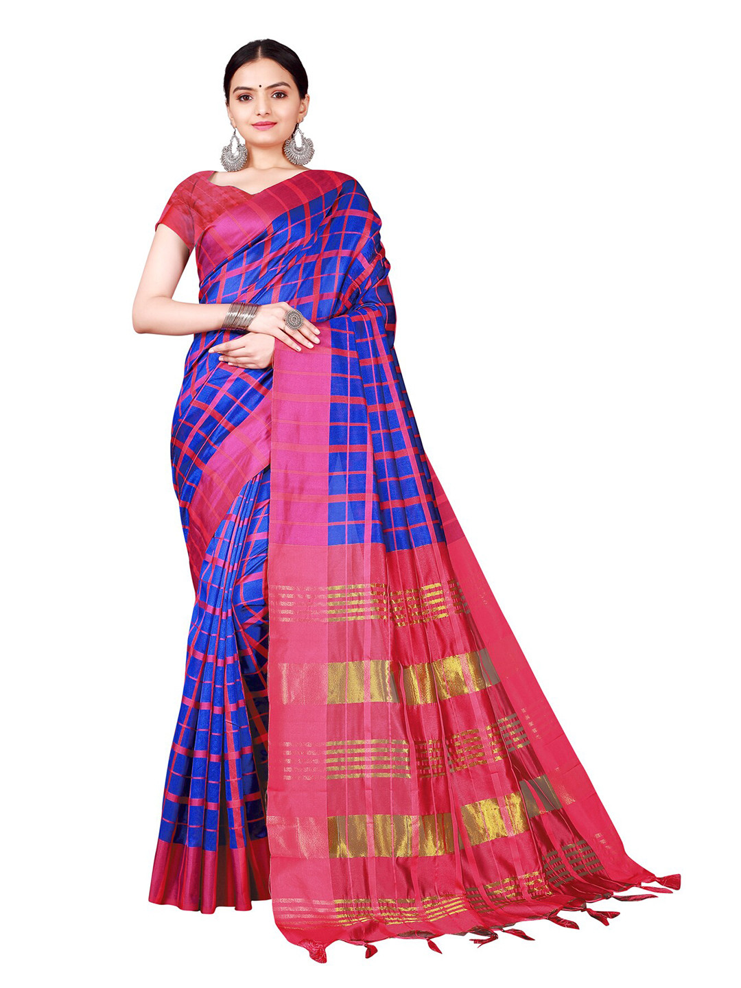 

Florence Blue & Pink Checked Cotton Saree