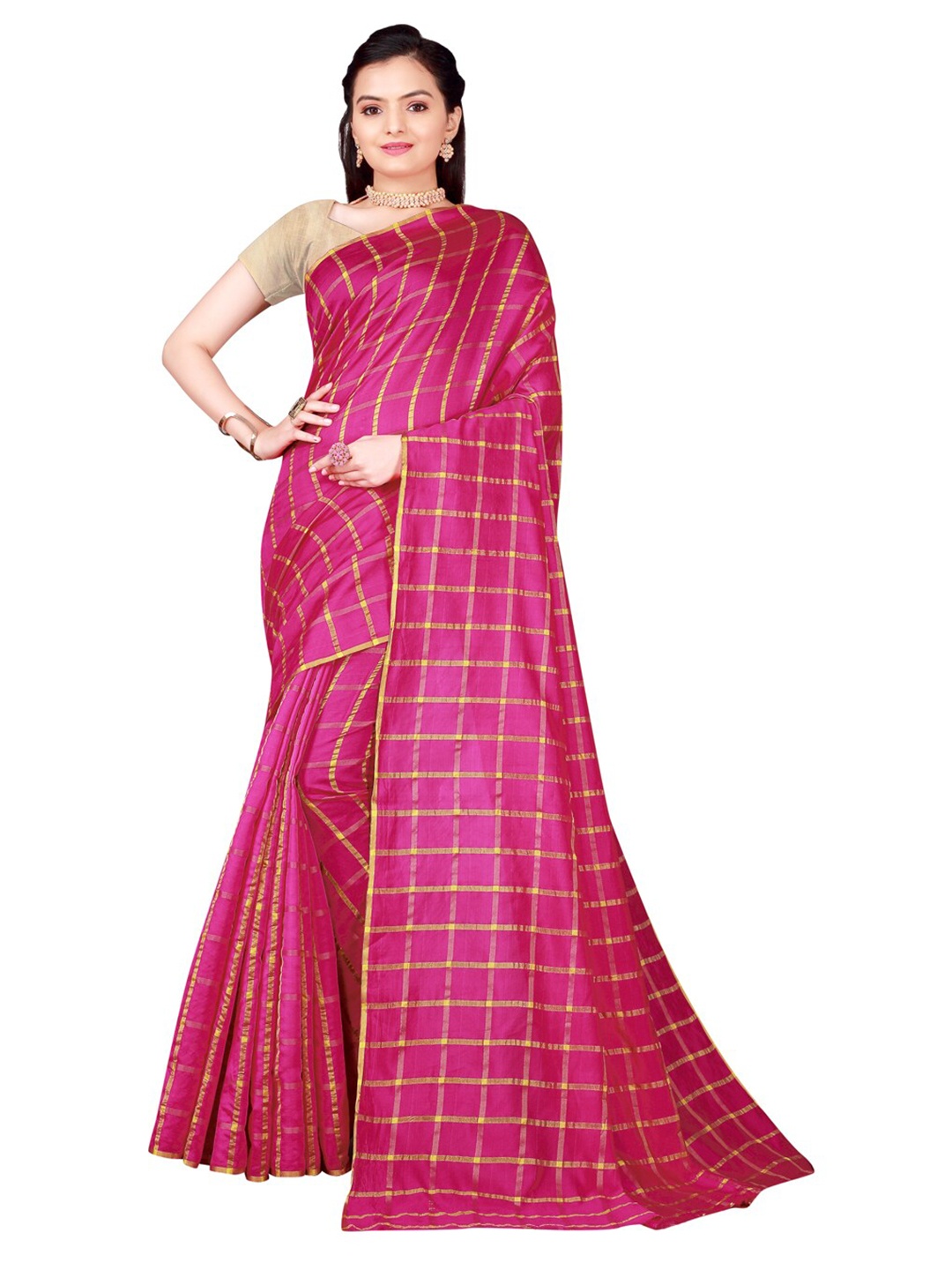 

Florence Pink & Gold-Toned Checked Cotton Saree