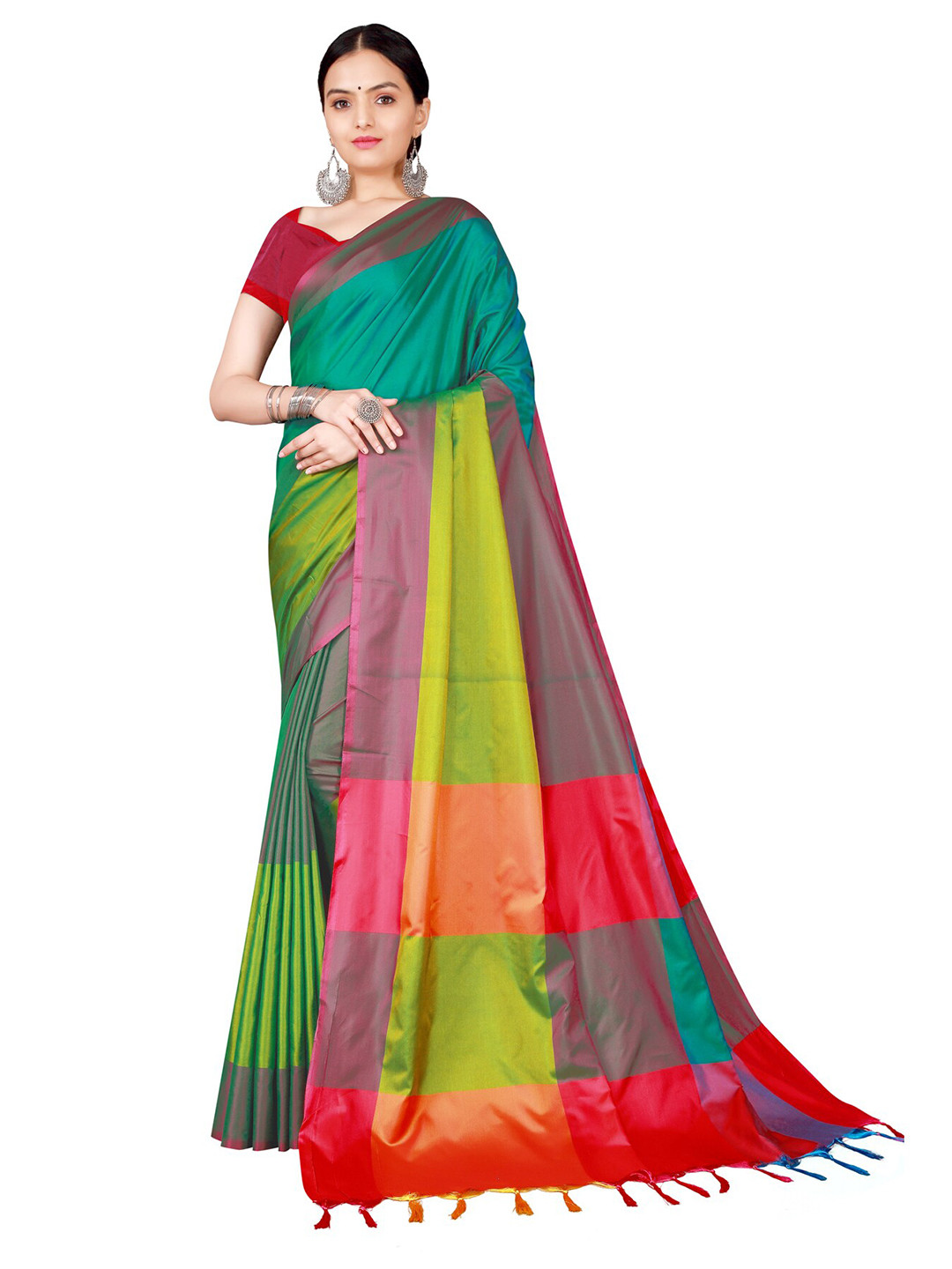 

Florence Women Multicoloured Checks Printed Cotton Silk Saree, Multi