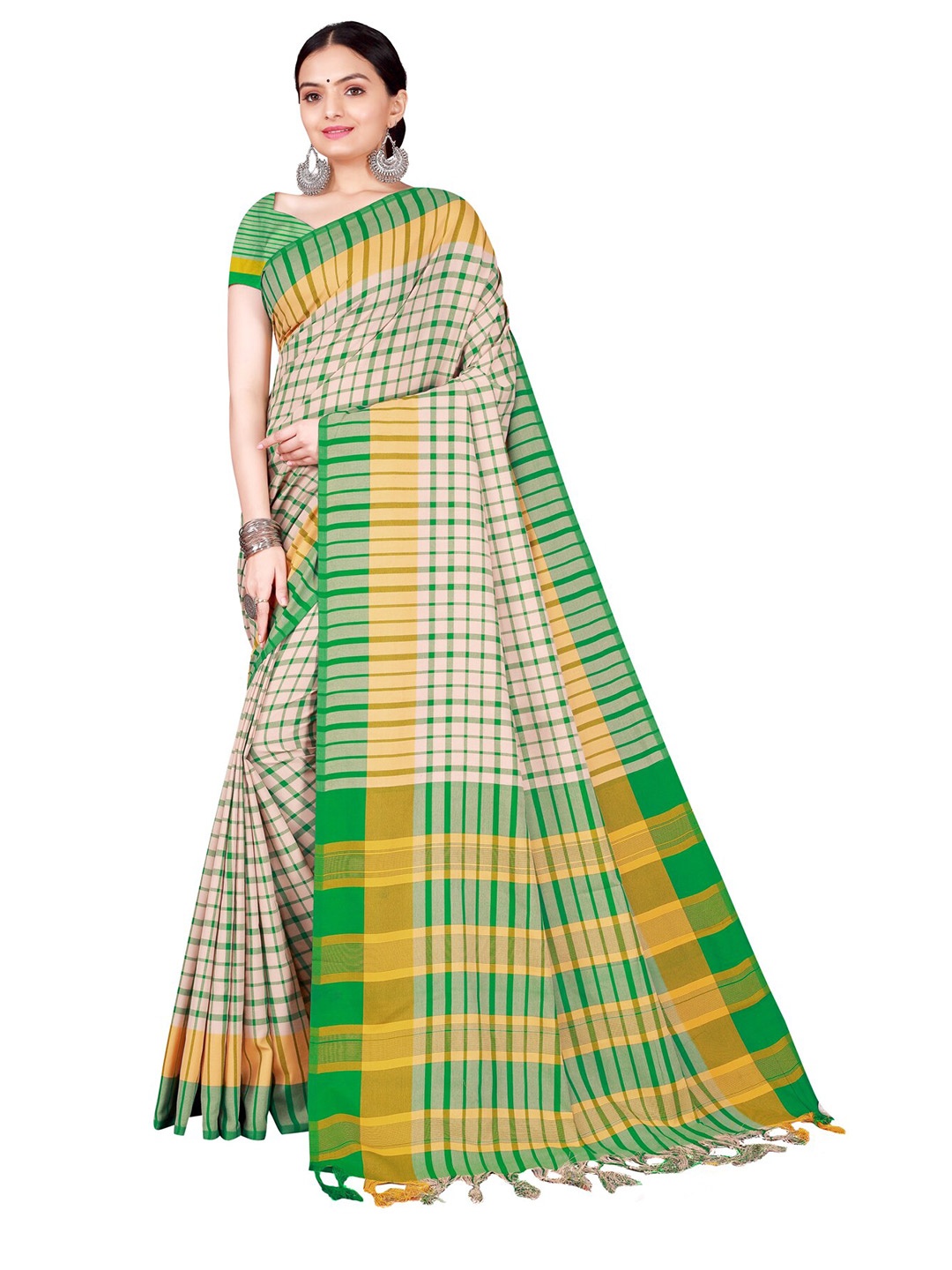 

Florence Beige & Green Checked Saree