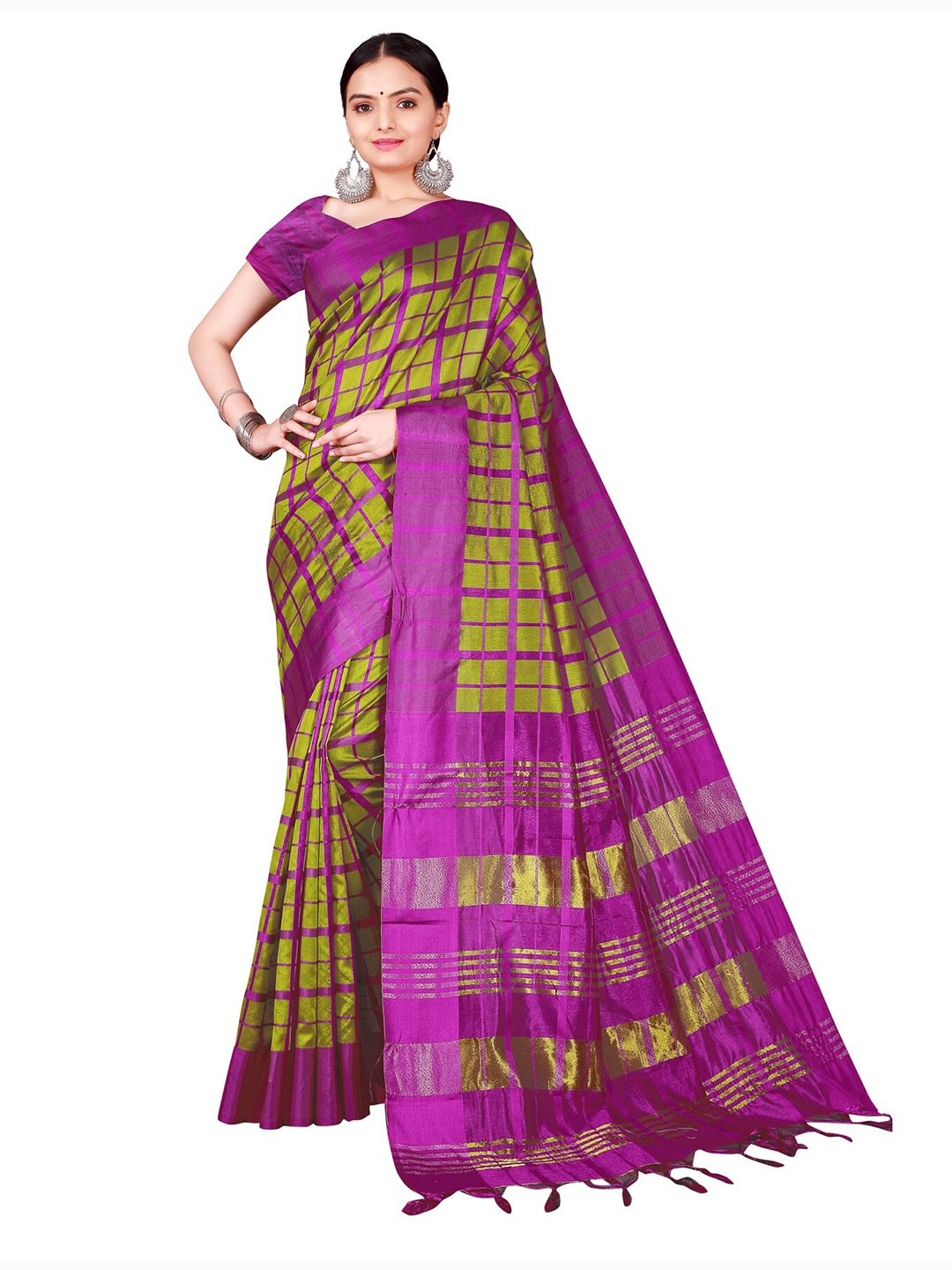

Florence Olive Green & Pink Checked Sico Saree