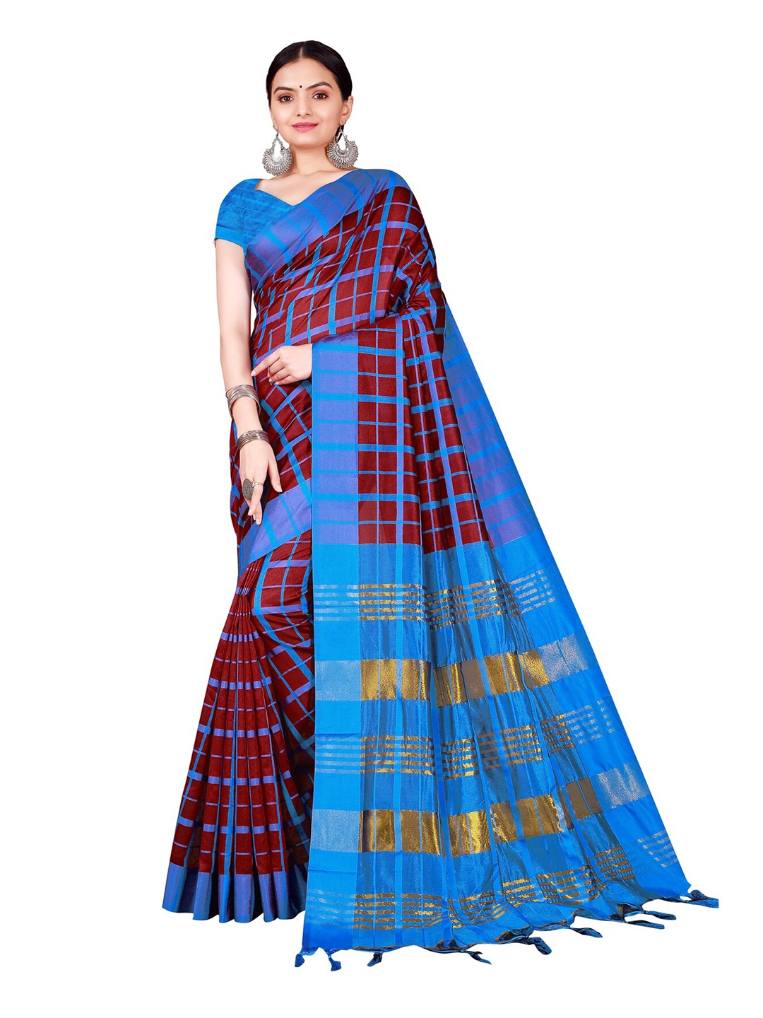 

Florence Purple & Turquoise Blue Checked Zari Saree