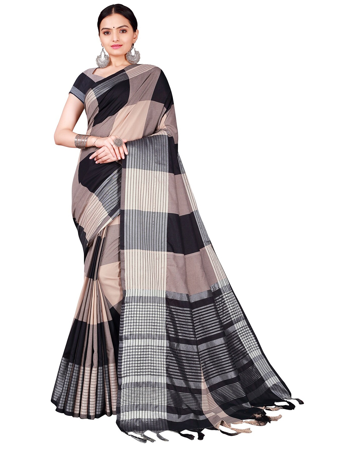 

Florence Black & Taupe Checked Cotton Silk Saree