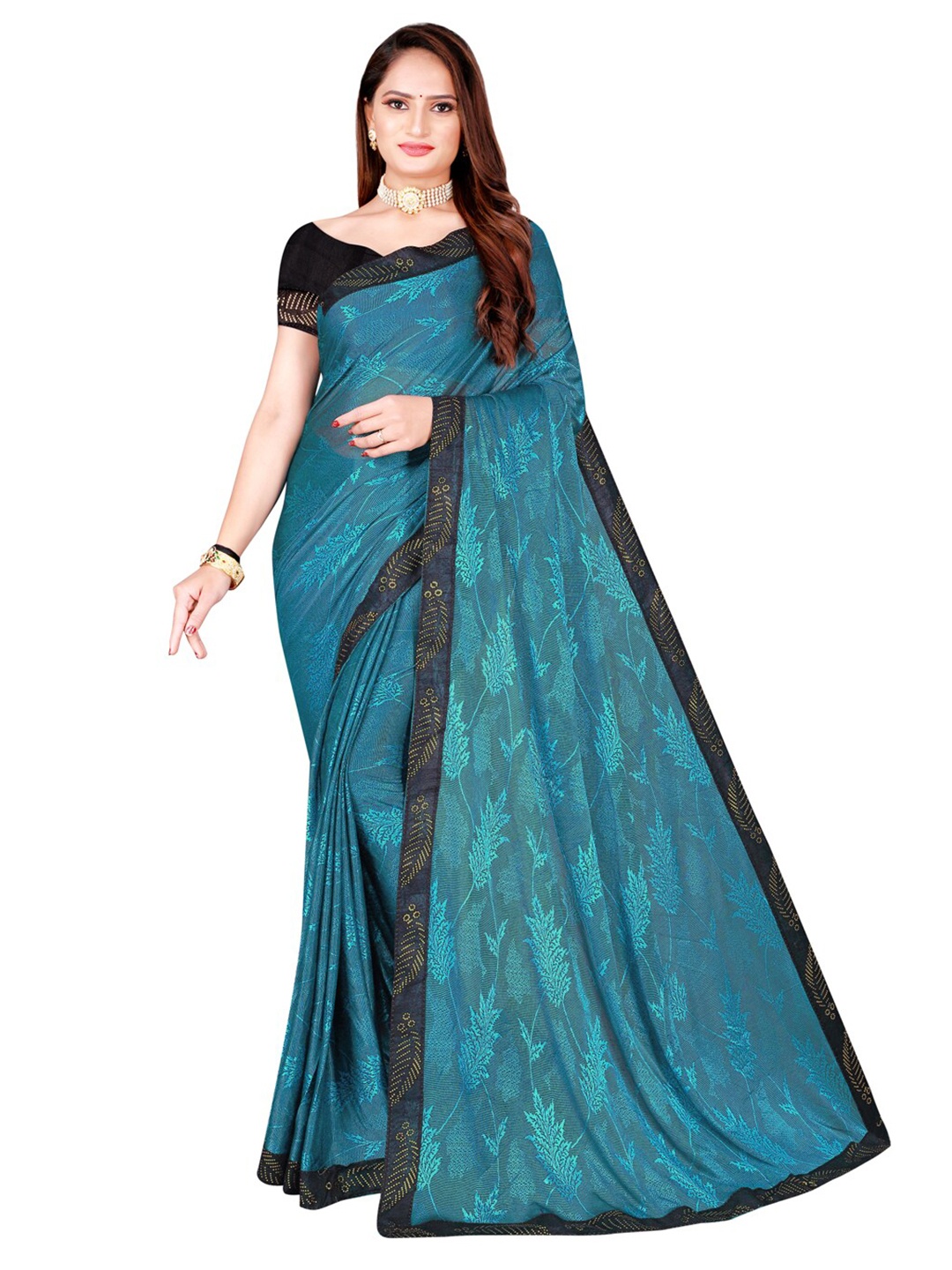 

Florence Teal Blue & Black Floral Beads and Stones Art Silk Saree