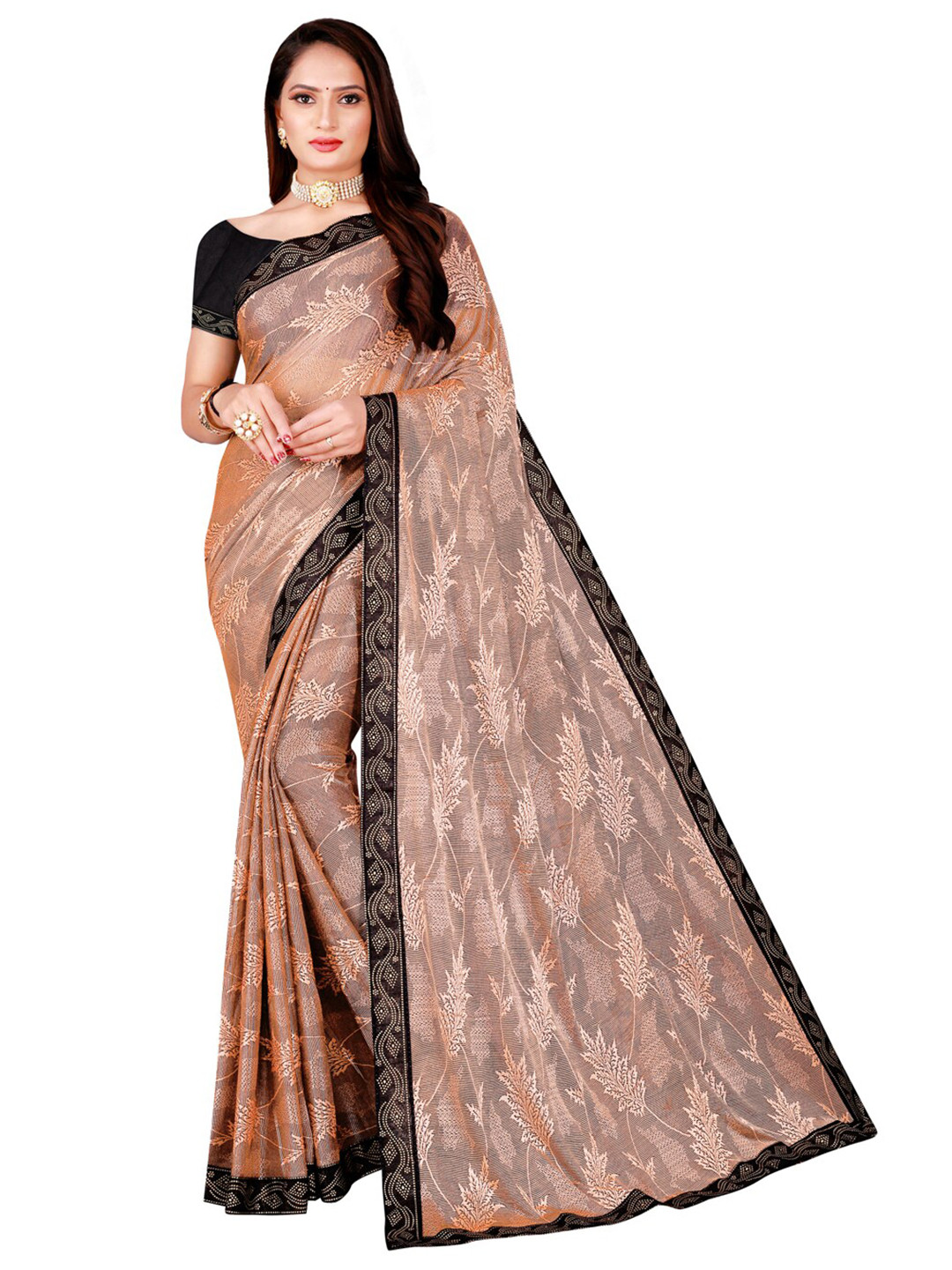 

Florence Women Peach Floral Foil Printed Art Silk Saree